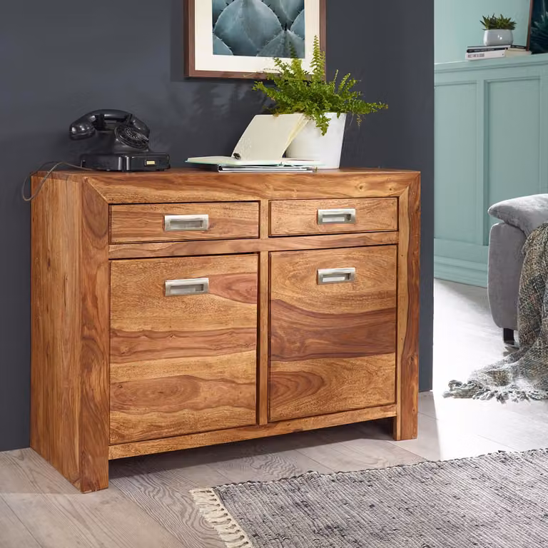 Credenza in legno massello FineBuy 90 cm Comò in legno di sheesham con 2 ante e 2 cassetti