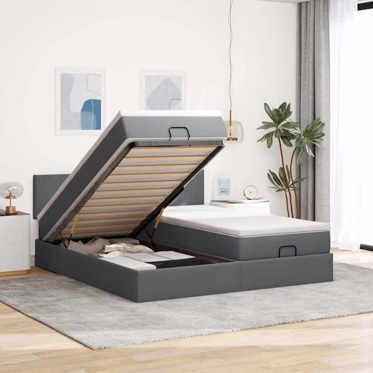 vidaXL Struttura Letto con Contenitore e Materasso in Tessuto, L: 160 cm, P: 200 cm, H: 88 cm, Colore Grigio e Bianco