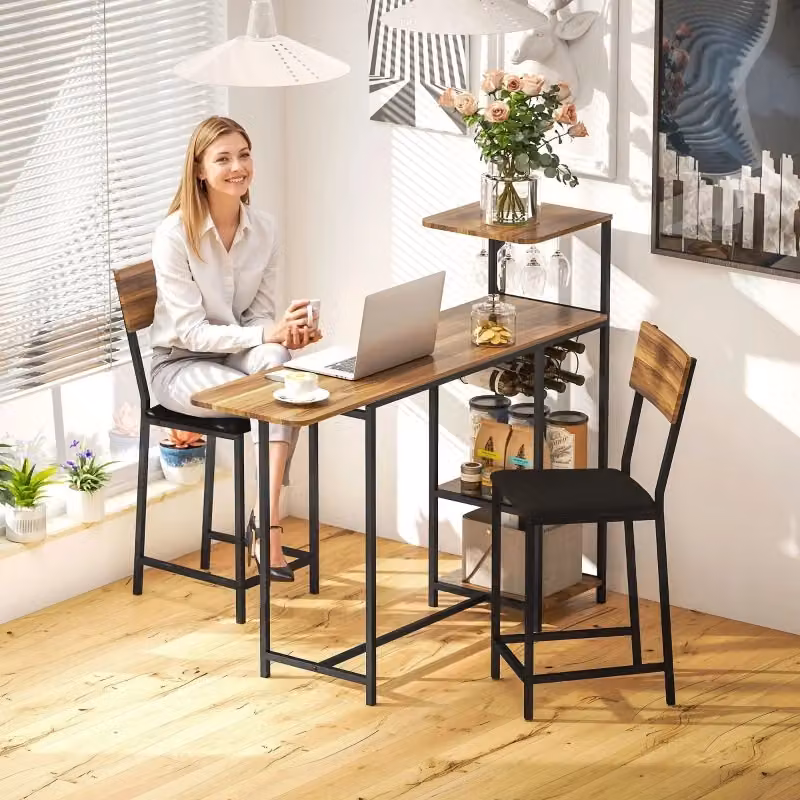 Set Tavolo da Bar OKWISH con 2 Sgabelli in Stile Industriale Marrone con Struttura in Metallo e Ripiani in MDF – 2