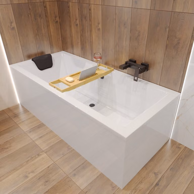 BADLAND vasca rettangolare Bagno Acrilico Bianco Esclusivo Moderno Quadro 165x75 + ripiano vasca Bamboo + scarico e piedini | BADLAND QUADRO