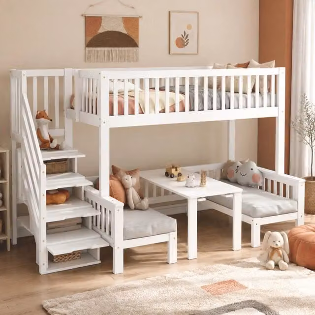 Letto a castello con scala contenitore e tavolo ribaltabile; 253x125;5x170 cm; bianco