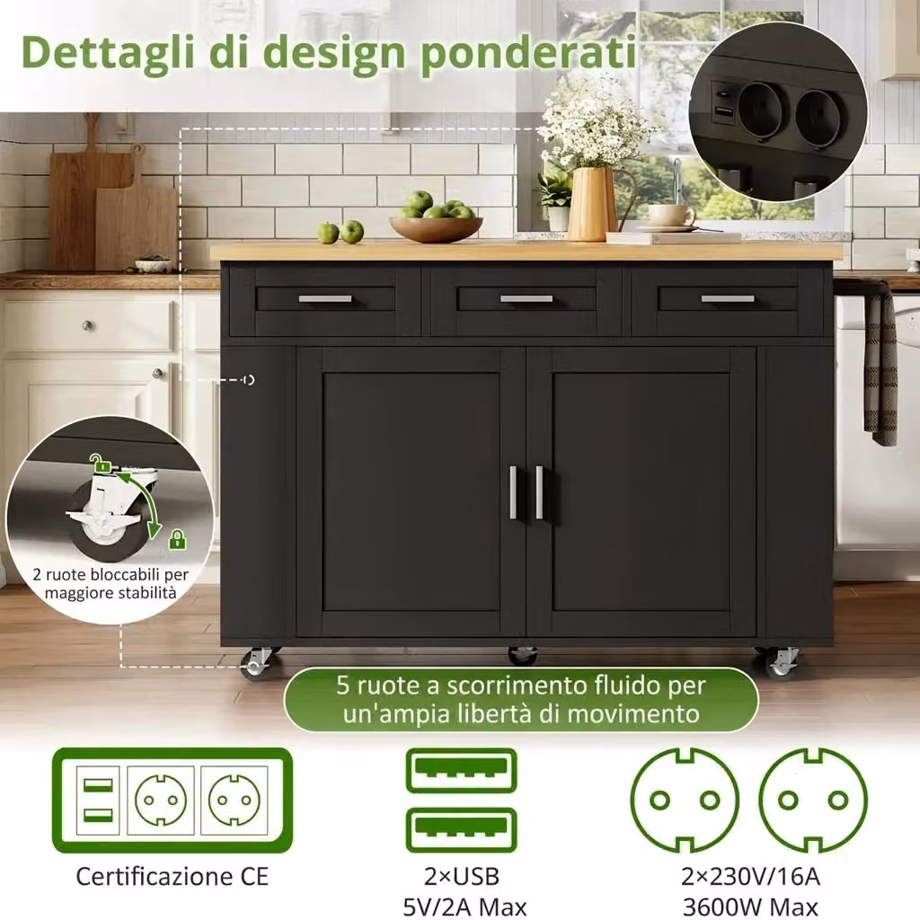 Isola cucina con piano pieghevole Vovees Living in MDF, con prese e ruote, colore marrone e nero, L: 120 cm, P: 45 cm, H: 84 cm – 2