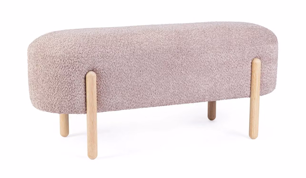 Panca DAYLA in tessuto effetto bouclé rosa antico e gambe in legno rubberwood