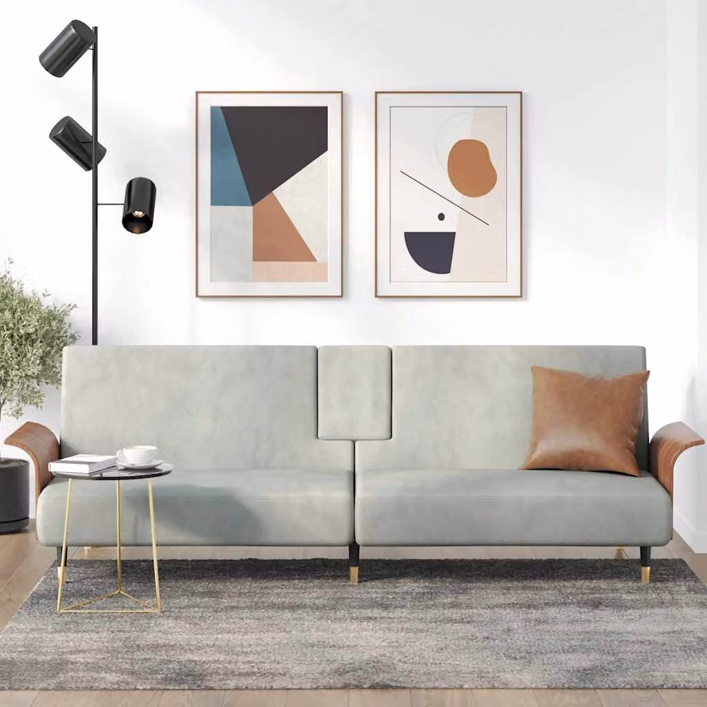 vidaXL Divano Letto Moderno in Velluto Grigio con Portabicchieri