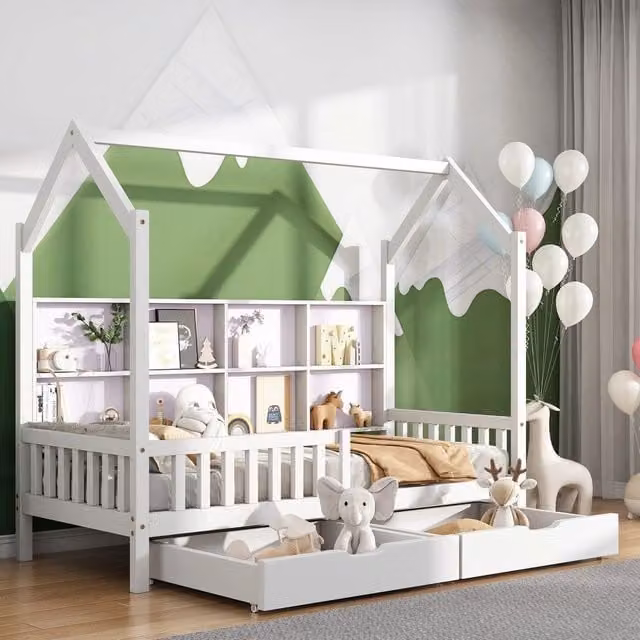 Letto Casetta Bambini con Cassetti e Libreria ¨C Xylo ¨C Bianco 90x200