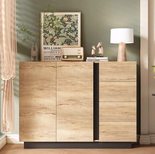 Credenza ULEVR 120x35,5x90,5 cm con 2 ante push-to-open e 4 cassetti, mobile contenitore nero e naturale