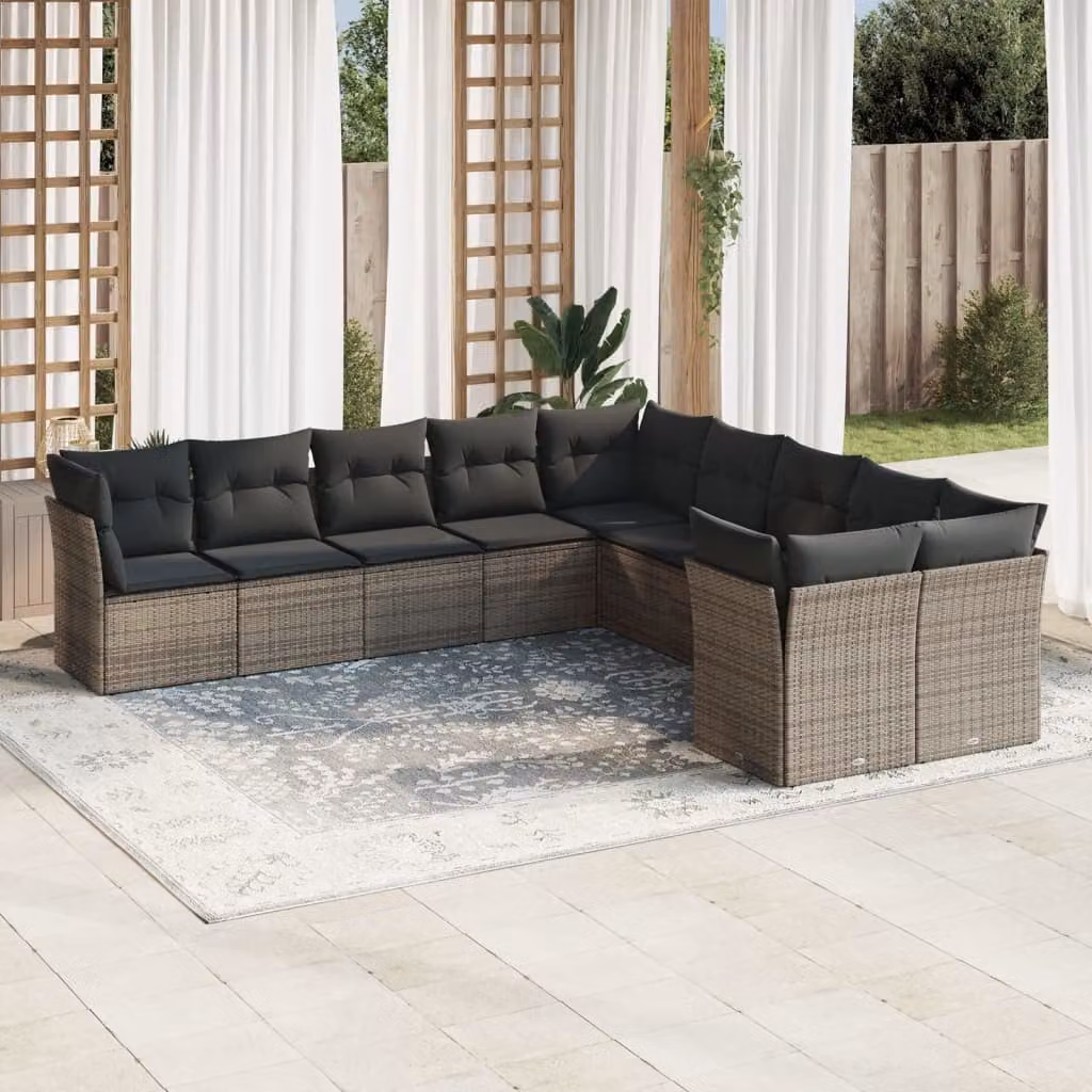 vidaXL Set Divano da Giardino 10 pz in Polyrattan Grigio con Cuscini Imbottiti e Rivestimenti Rimovibili – 1