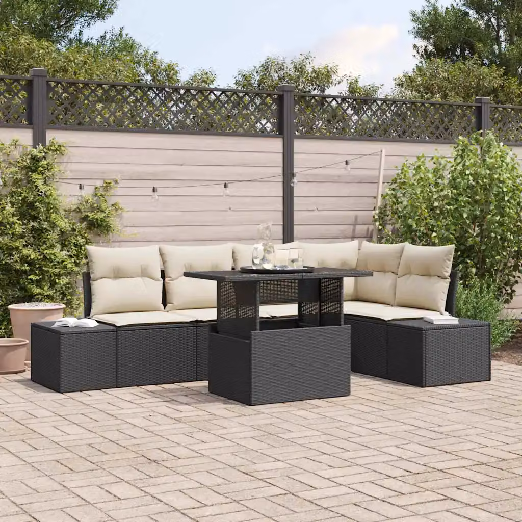 Set Divano da Giardino vidaXL 6 pz a forma a U in Polyrattan Nero con Cuscini e Tavolino da Esterno – 1