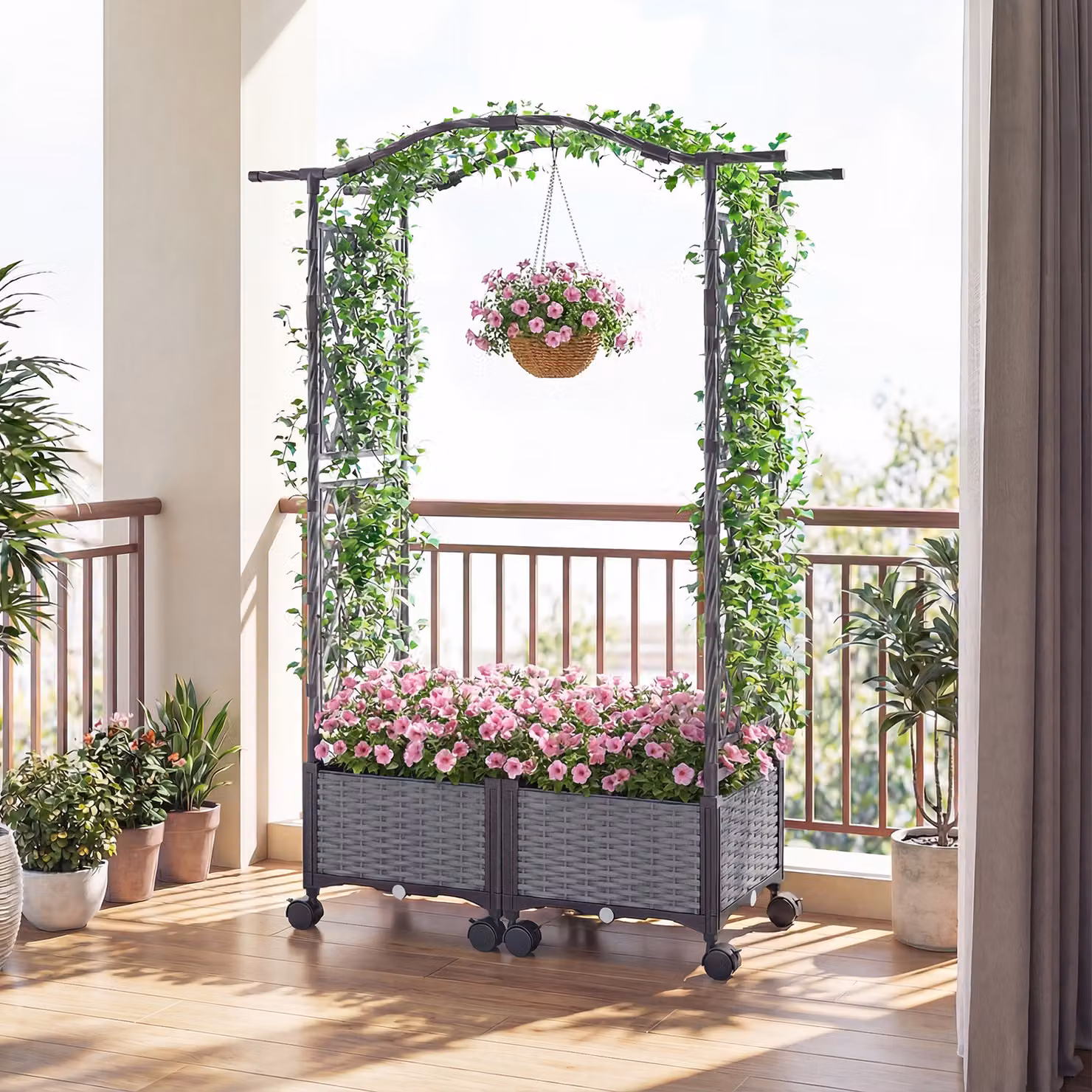 Costway Letto da giardino rialzato con irrigazione automatica, graticcio e tetto in rattan impermeabile, Grigio