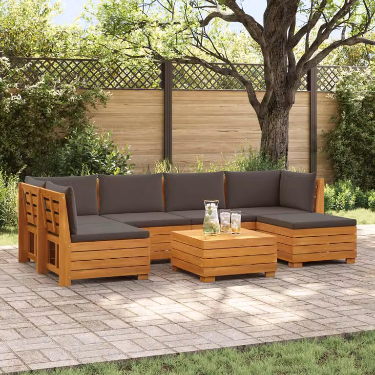 Set di divani da esterno vidaXL in legno di acacia massello marrone, composizione a forma di U con 7 pezzi inclusi cuscini e tavolino da caffè