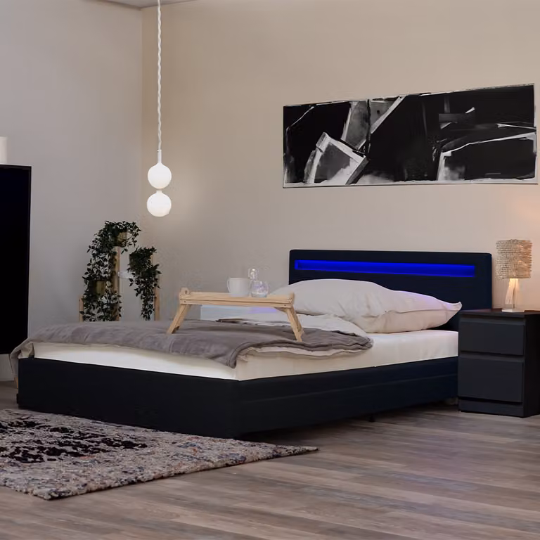 Home Deluxe - Letto LED NUBE - Nero, 140 x 200 cm - incl. materasso, rete a doghe e cassetti I Letto imbottito Letto di design incl. illuminazione