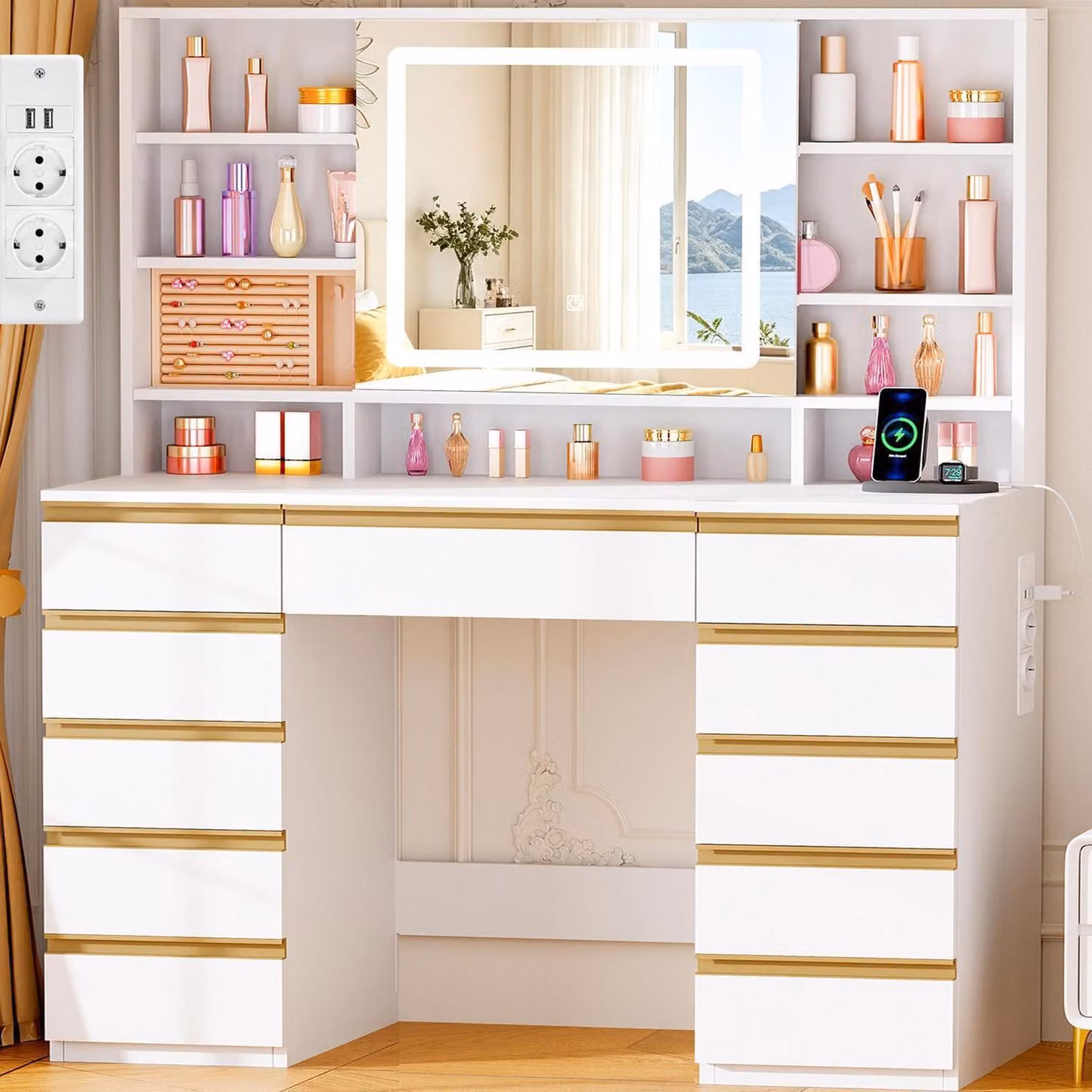 Comò da trucco con illuminazione a LED, prese di corrente e specchio ingrandente 10x, colore bianco, dimensioni 110x40x140 cm