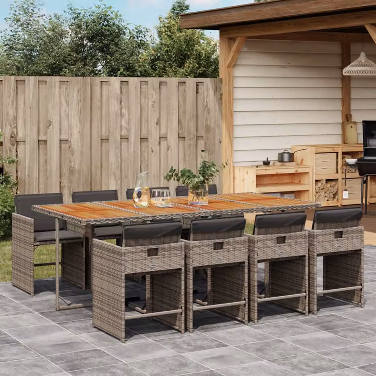 Set da pranzo da giardino vidaXL in polyrattan e legno di acacia da 9 pezzi, colore grigio e marrone
