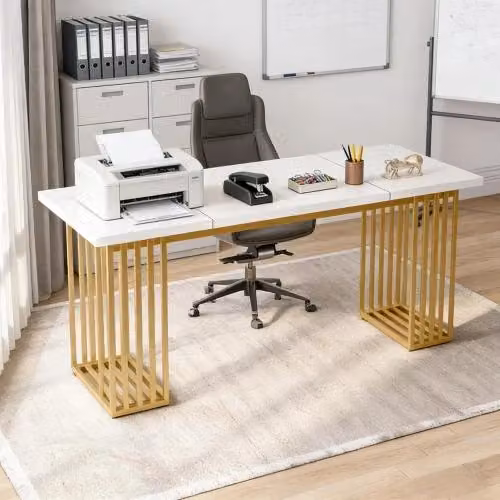 Scrivania da ufficio moderna Mivray con piano in legno e gambe in metallo, bianco e oro, L: 180 cm, P: 79 cm, H: 78 cm – 2