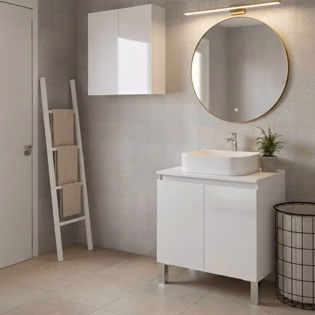 Set Mobili Bagno DMORA Gravina Bianco Lucido con Mobile Lavabo e Pensile