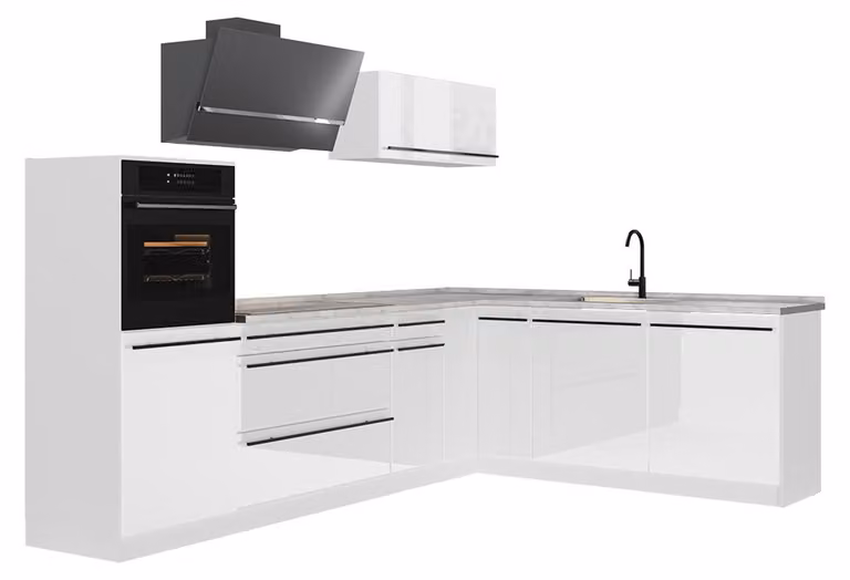Cucina angolare completa Vicco R-Line Bianco lucido/Bianco 287 x cm senza piano di lavoro, Model 66776