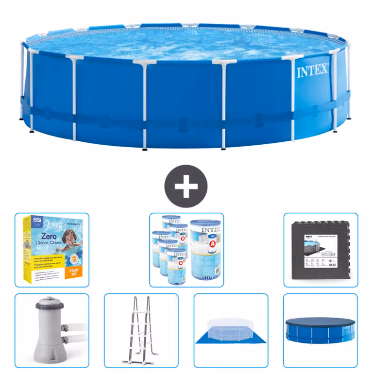 Piscina Intex con struttura rotonda - 457 x 122 cm - blu - compresa pompa - scala - telo di fondo - confezione di manutenzione della copertura - filtro - piastrelle per il pavimento