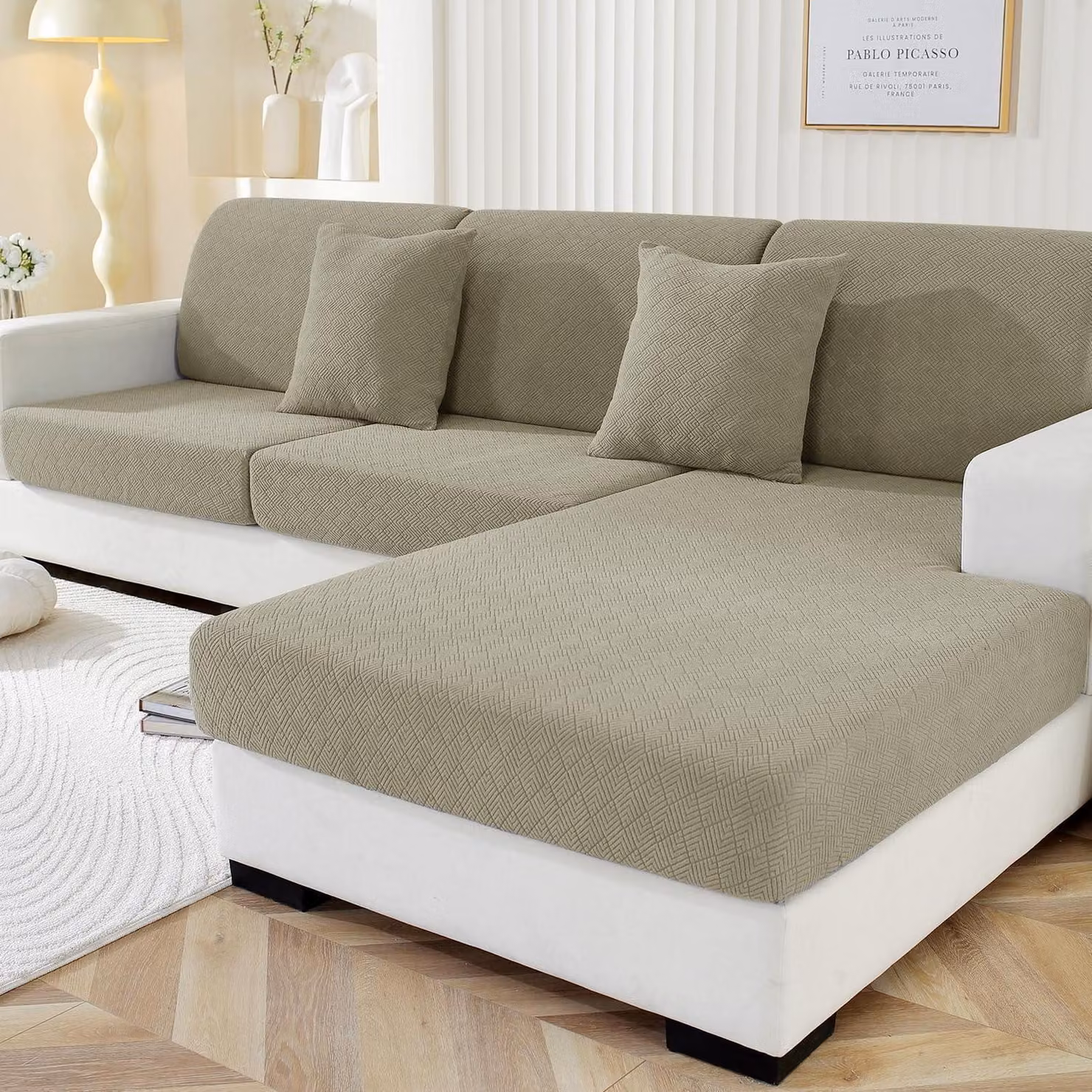 Copertura elastica per cuscini di divano a due piazze, colore kaki, antiscivolo, per divano a 2 posti e chaise longue