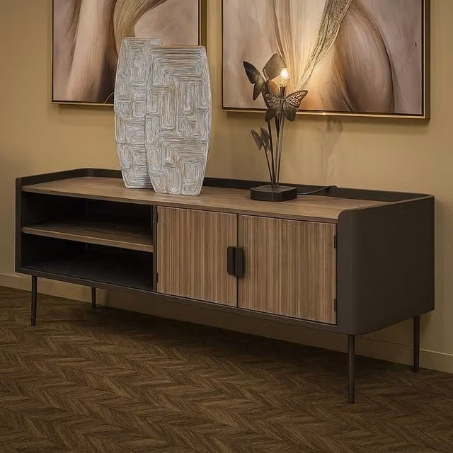 Mobile porta TV Cannon, Credenza da soggiorno, Armadio basso per TV, Base parete attrezzata, 150x42 h58 cm, Grigio e Marrone
