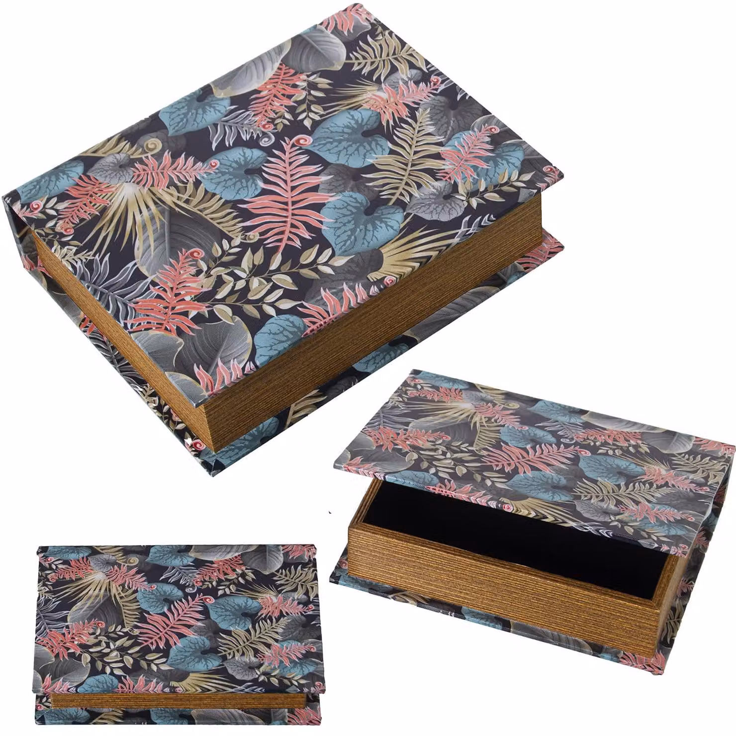 Set di 3 scatole rettangolari, realizzate in MDF/poliestere, con le seguenti dimensioni: 30x24x8 cm, 24x18x6 cm, 18x12x4 cm