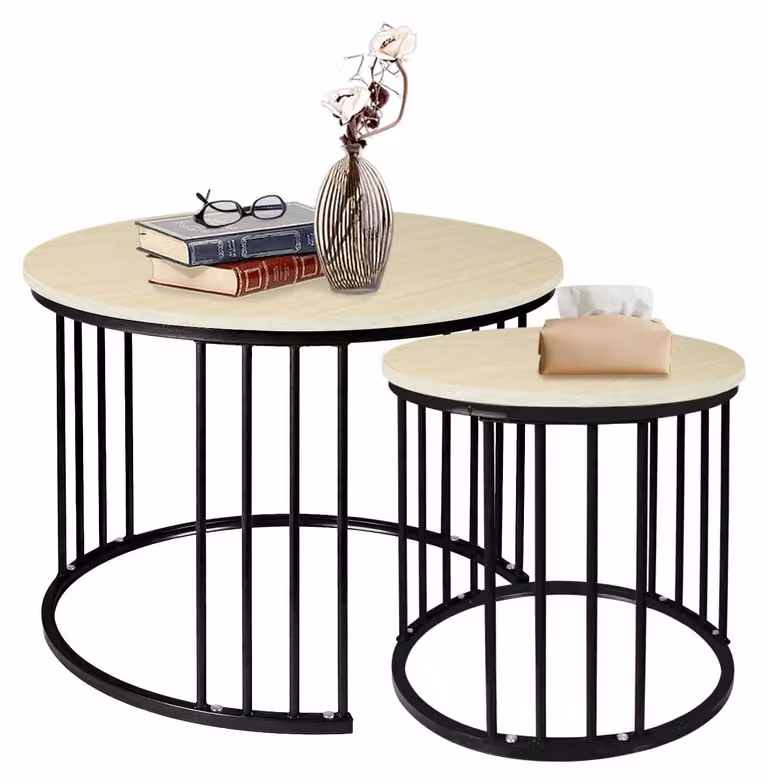 Tavolino da caffè e tavolino laterale - Set da 2 tavoli rotondi - Struttura in metallo - Design minimalista - Montaggio semplice - Finitura in legno di acero bianco - Colore: beige chiaro
