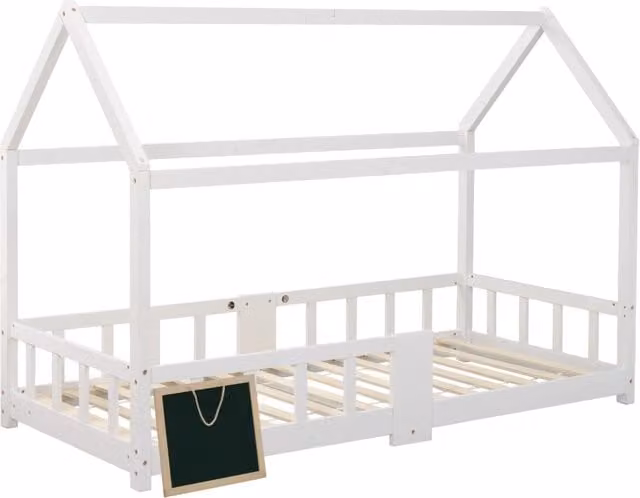 Letto per Bambini a Forma di Casetta 90x200 cm in Legno di Pino Bianco con Pediera e Sponda Anti-Caduta (Senza Materasso)
