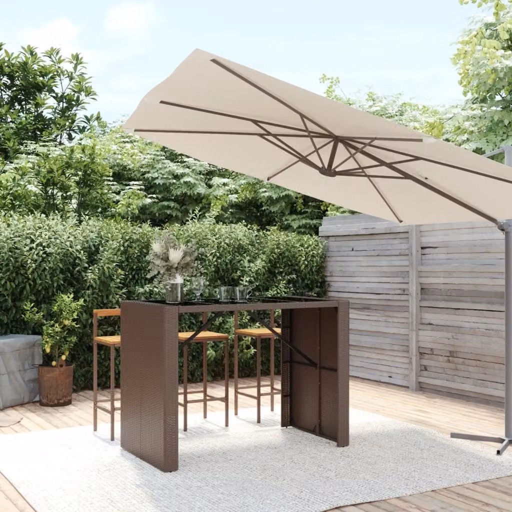The Living Store Tavolo da bar con piano in vetro marrone 145x80x110 cm in poly rattan