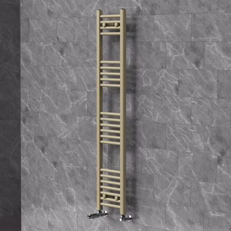 Asciugamani radiante LuxeBath 300x1400 mm, radiatore per bagno con valvola termostatica, asciugamano Sahara a pannello liscio con attacco laterale, porta asciugamani, color beige
