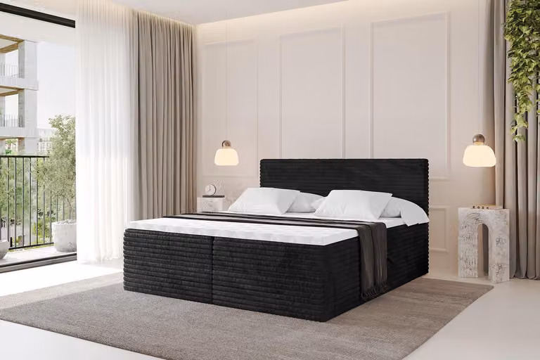 Letto boxspring ALTDECOR - TOLO-v1 140x200 in velluto a coste - Nero - Set completo con materasso a molle insacchettate e topper, letto imbottito con materasso H4, cassetti, rete a doghe, letto con contenitore, letto matrimoniale, letto a cassettoni