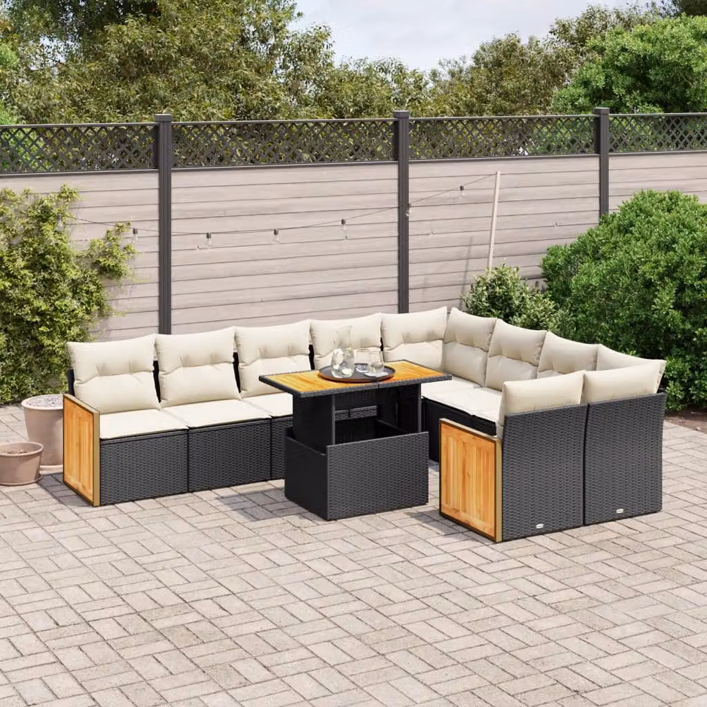 vidaXL Set Divani da Giardino 10 Pezzi in Polyrattan Nero con Cuscini e Tavolino da Esterno – 1