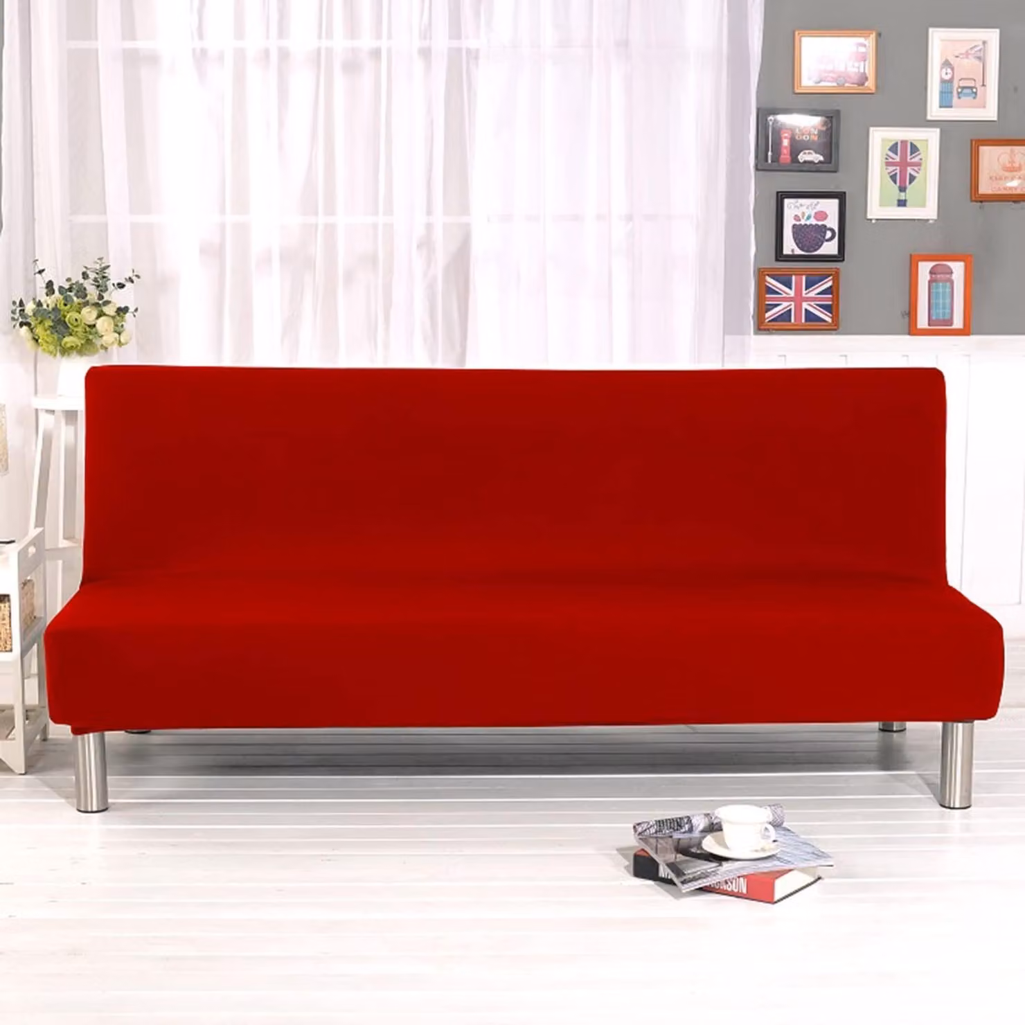 Copertura elastica per divano a 3 posti, senza braccioli, colore rosso
