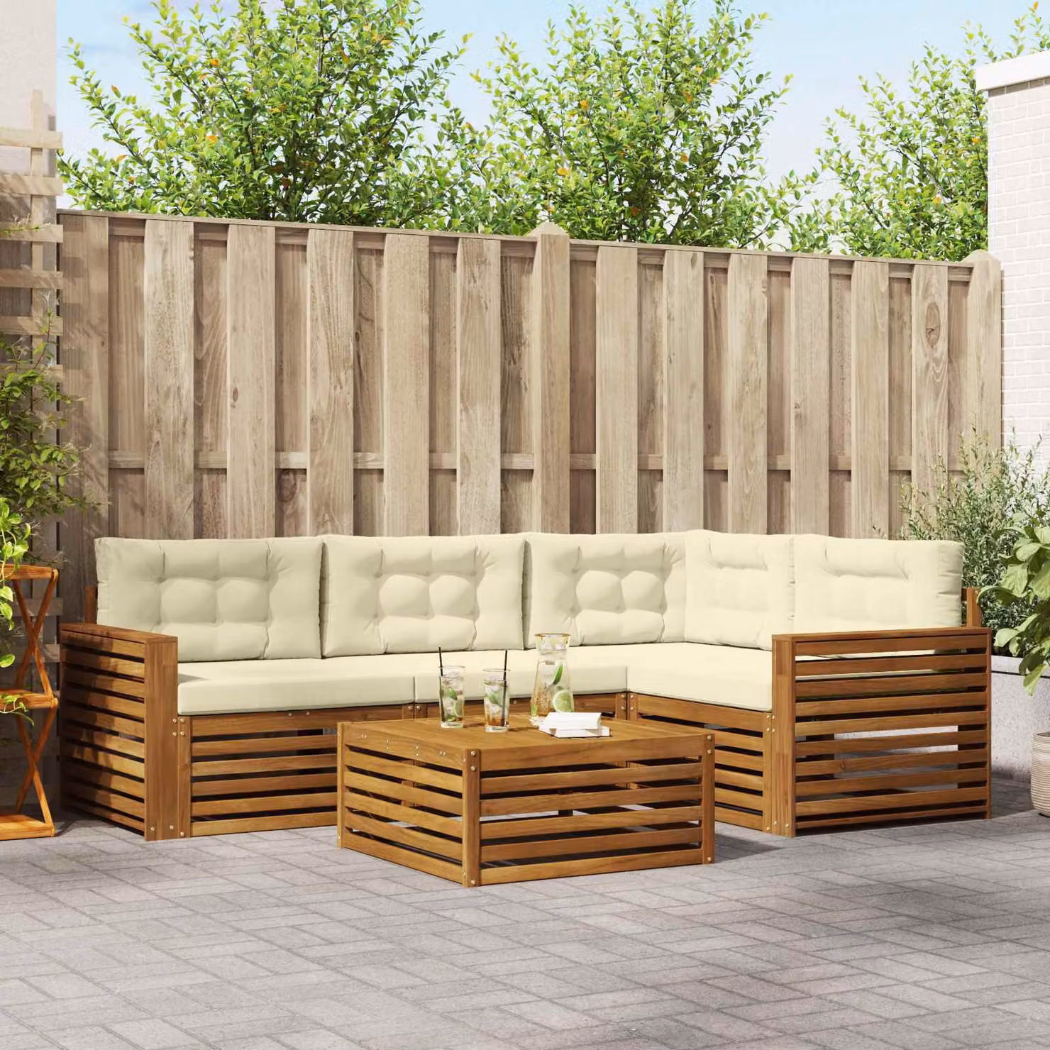 Set di divani da esterno vidaXL a forma di L in legno di acacia con tavolino e cuscini, Beige e Marrone