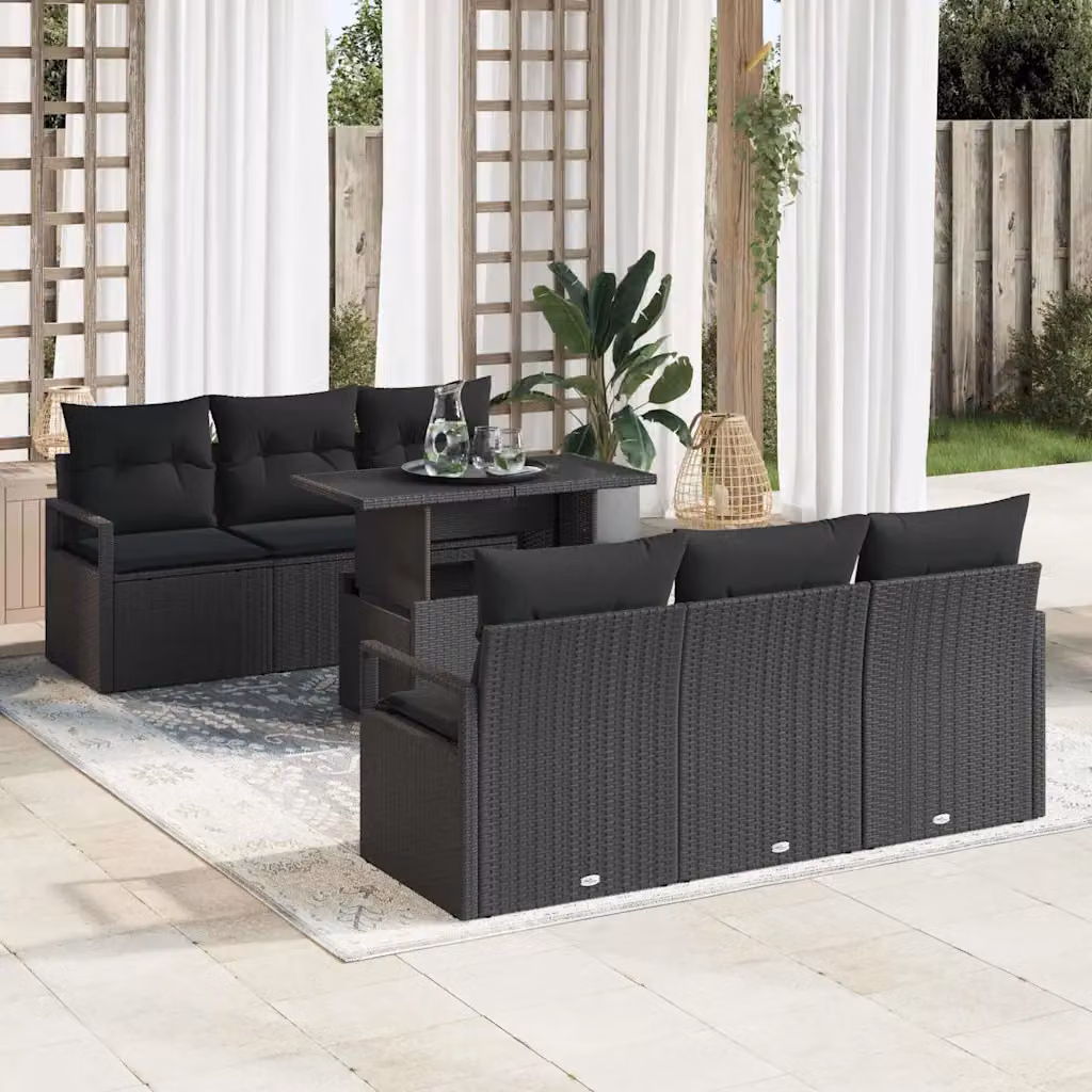 vidaXL Set Divano da Giardino 7 Pezzi con Cuscini e Contenitore Nero in Polyrattan e Acciaio – 1