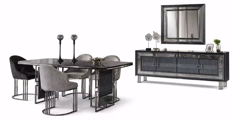 Set elegante per sala da pranzo: tavolo da pranzo con 4 sedie e un mobile contenitore moderno