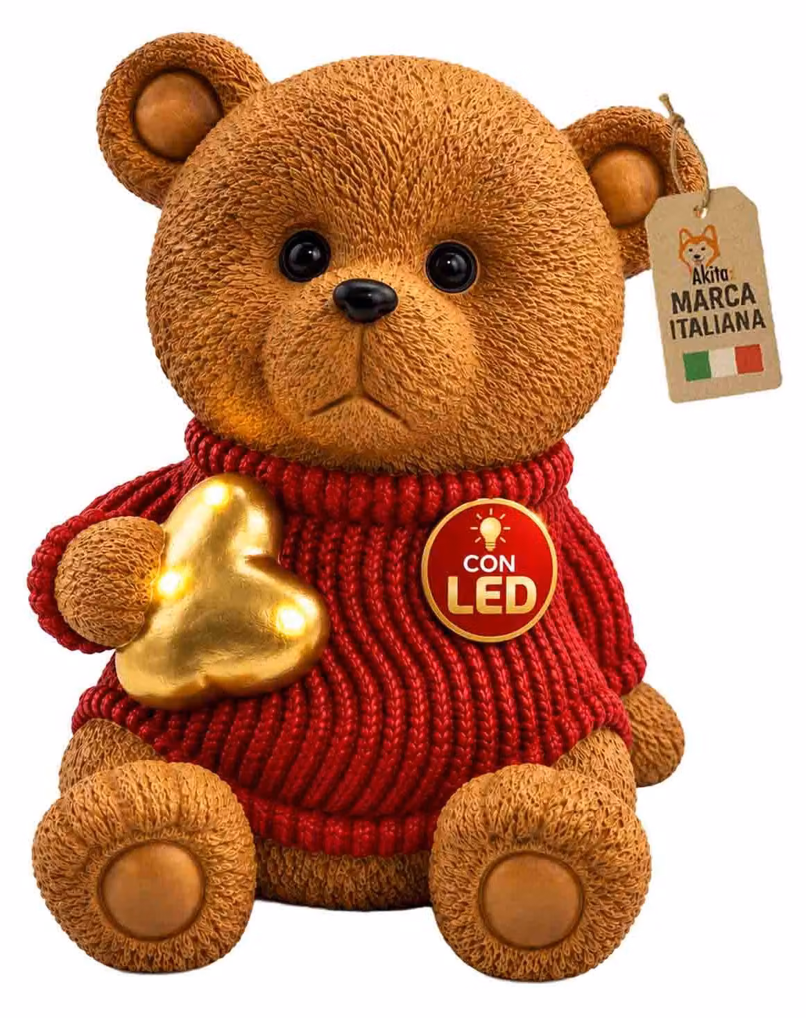 Akitaink Orsetto Natalizio con Cuore in Resina con LED 24x29 cm