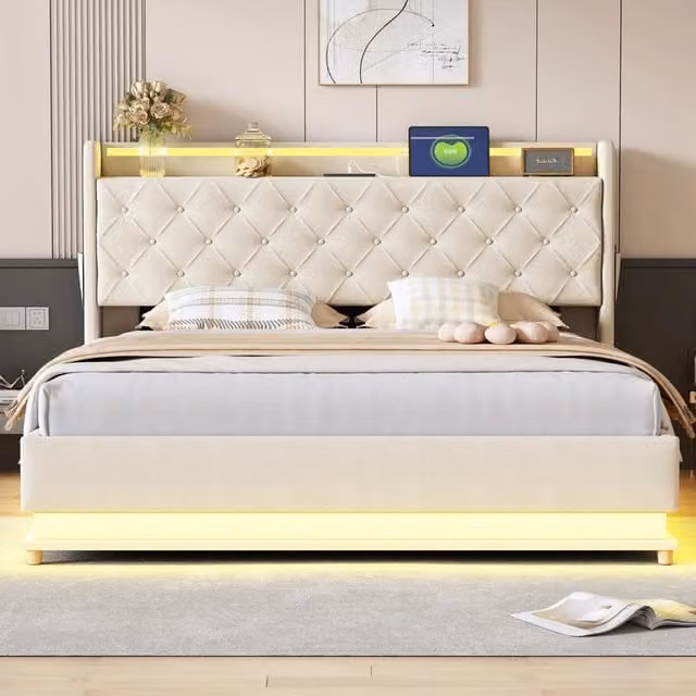Letto contenitore matrimoniale 160 × 200 cm, LED multicolore, USB e sollevamento idraulico, senza materasso, beige