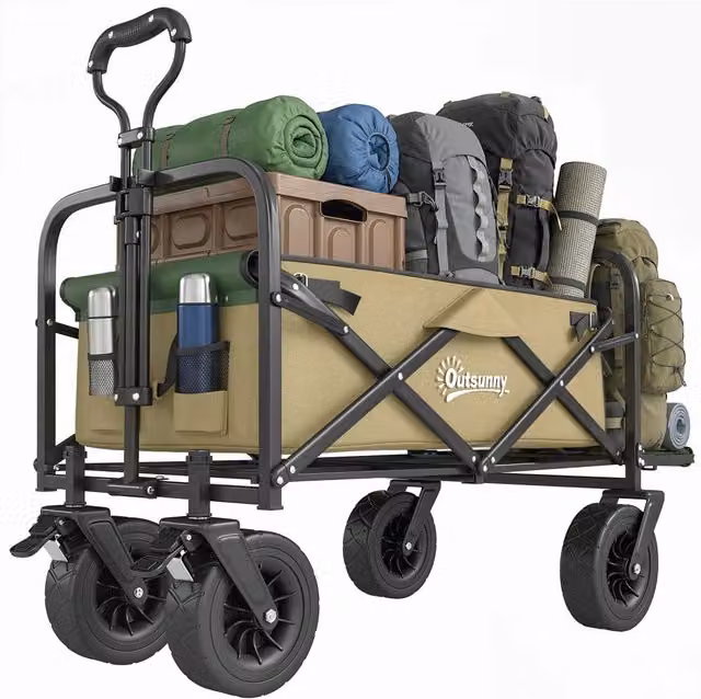 Carrello da trasporto pieghevole 110 L per giardino, telaio in acciaio, manico telescopico, fino a 100 kg, 94 x 57 x 77-100 cm, kaki