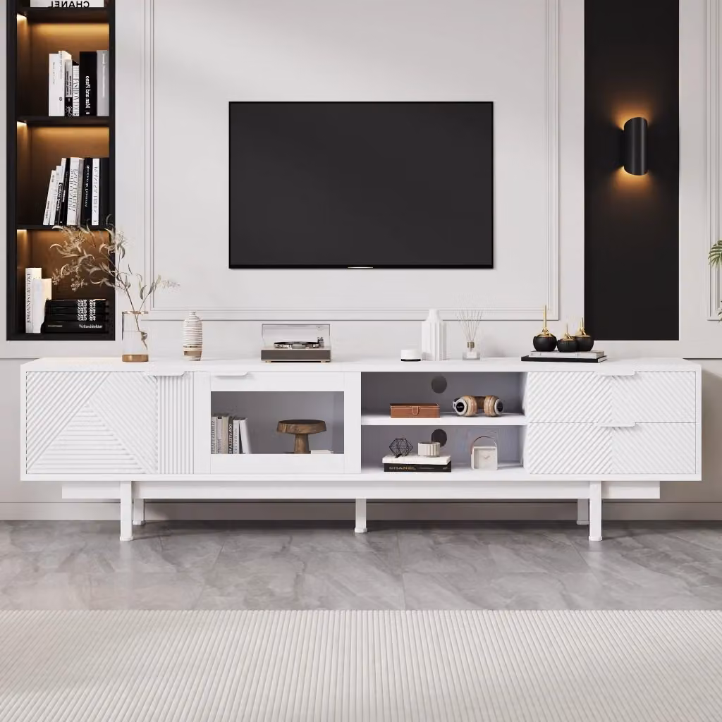 Mobile TV moderno FOLYNA bianco con 2 ante, 2 cassetti e ripiani semiaperti per televisori fino a 80 pollici, L 200 x P 40 x H 50.5 cm – 2