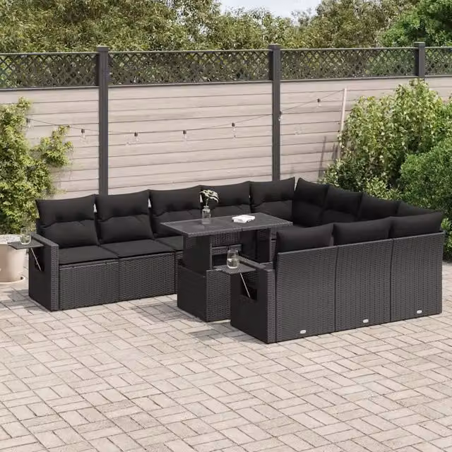 Set di divani da giardino vidaXL composto da 11 pezzi con cuscini in polyrattan nero per esterni e terrazzi