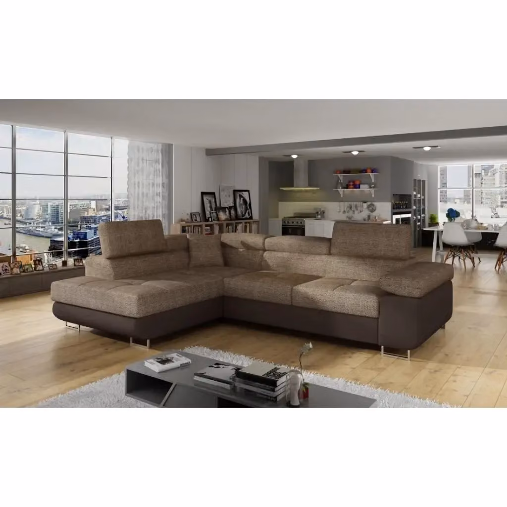 Divano angolare trasformabile MENTON MEUBLORAMA beige e cioccolato in tessuto bouclé con angolo sinistro, funzione letto e vano contenitore L 272 x P 145 x H 85 cm – 2