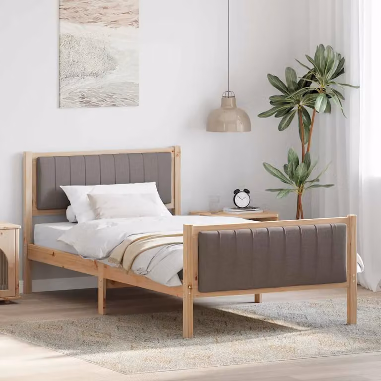 Struttura del letto moderna vidaXL in legno di pino con testiera in tessuto marrone e beige, L/P/H: 200 x 100 cm
