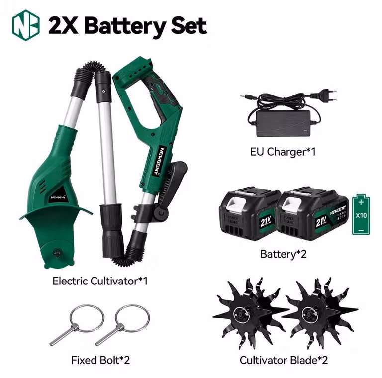 Fresatrice elettrica da giardino - Zappa-coltivatore - Batteria da 21V 3,0Ah inclusa - Profondità di lavoro: 15 cm, larghezza di lavoro: 20 cm - Pieghevole - Spina EU, 100–240V