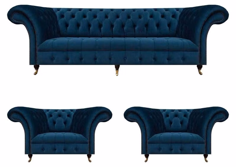 Blaue Chesterfield 2x Sessel Wohnzimmer Dreisitzer Polster Couch 3tlg