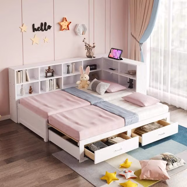 Letto singolo estraibile 90/180x190 cm con contenitore; 2 cassetti; presa multifunzione e rete a doghe; bianco