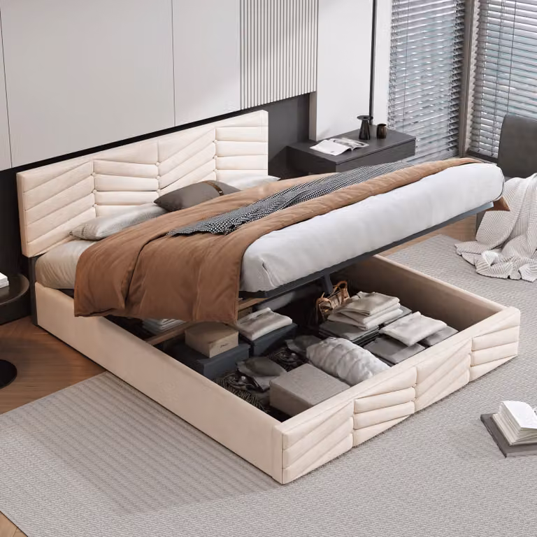 Letto contenitore 140x190 cm, color beige, con rivestimento in velluto, testiera regolabile in altezza e rete a doghe, ideale per la camera da letto