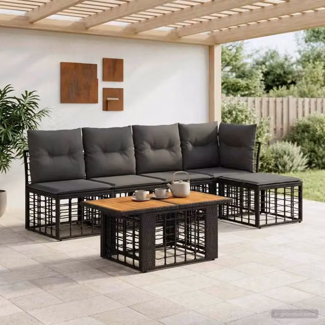 Set Divano da Giardino a L vidaXL 6 Pezzi con Tavolino e Pouf, Colore Nero e Grigio, Struttura in Acciaio e Polyrattan con Cuscini Rimovibili – 1
