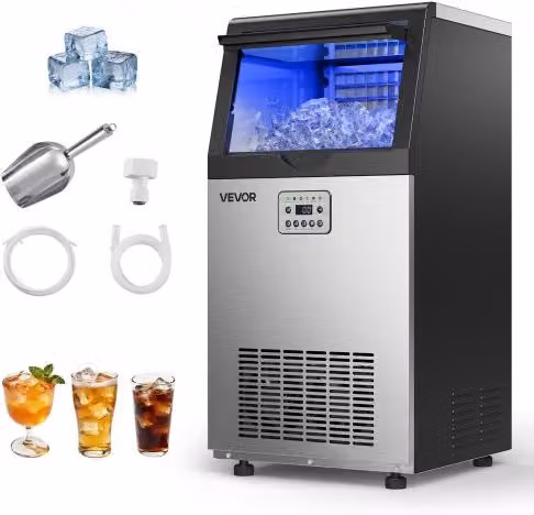 Macchina per Cubetti di Ghiaccio Commerciale Vevor da Pavimento in Acciaio Inox Argento con Display Digitale e Funzione Autopulente, Capacità 45 kg/24h