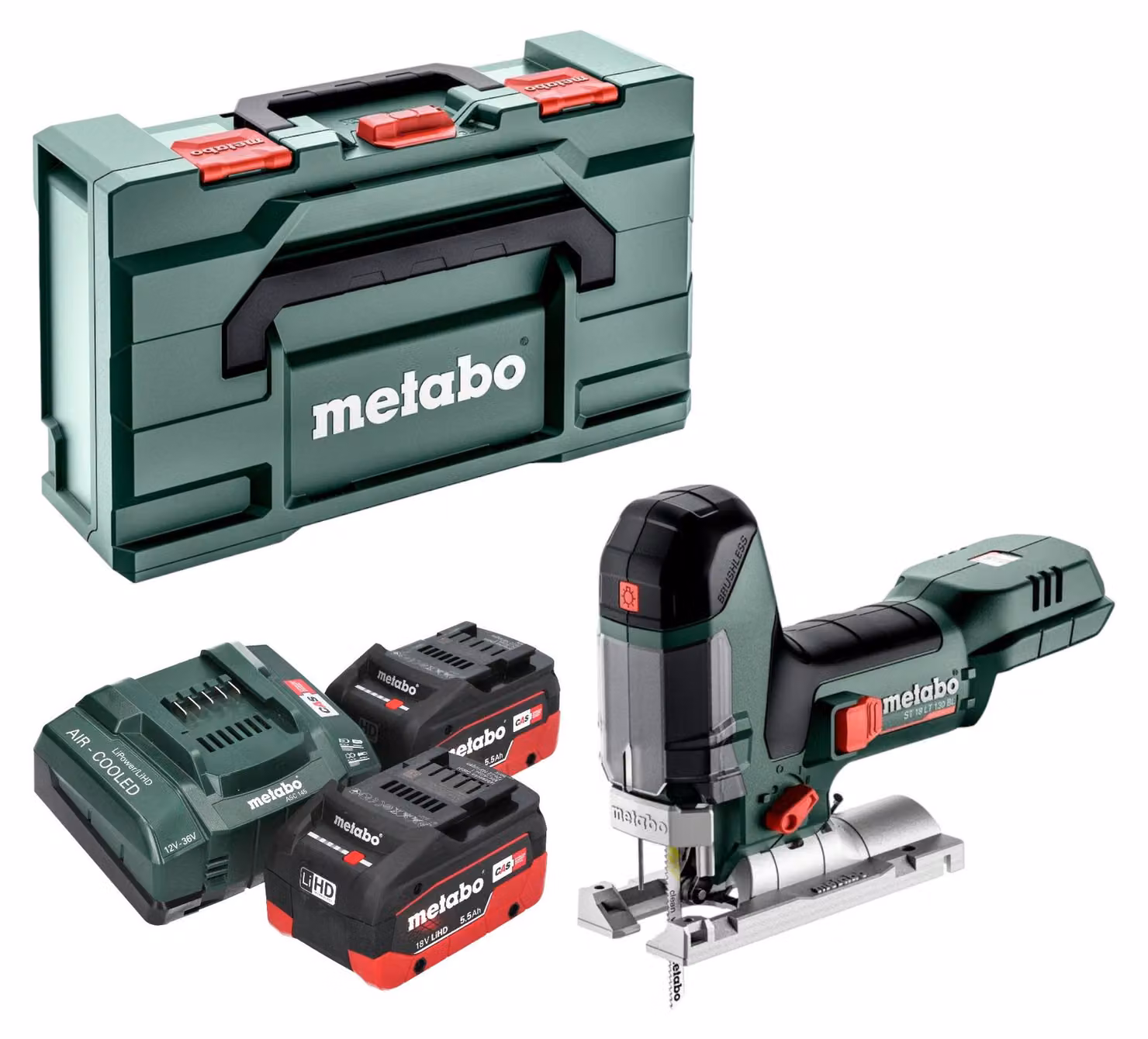 Seghetto alternativo a batteria Metabo ST 18 LT 130 BL 18 V 130 mm senza spazzole + 2x batteria LiHD 5,5 Ah + caricatore + metabox