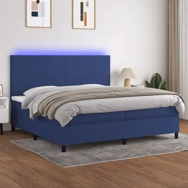 Letto Ibrido vidaXL con Materasso a Molle Insacchettate, Illuminazione LED Blu e Porte USB, Tessuto Bianco e Blu, L/P/H: 200 x 200 x 31 cm