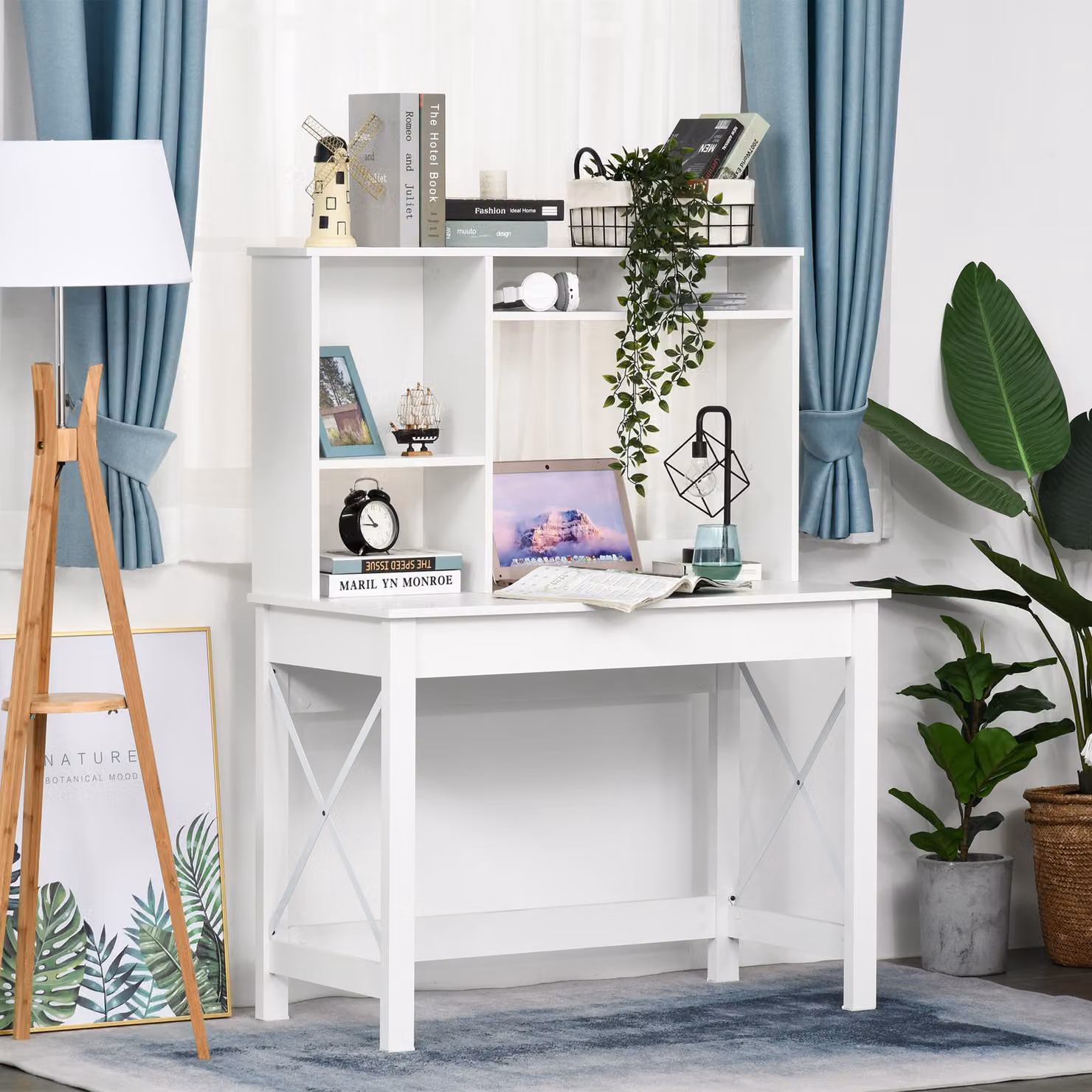 Scrivania con libreria HOMCOM in legno moderno con mensole e ampio piano, bianco, L 105 x P 50 x H 137,5 cm – 2